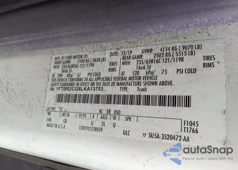 2020 Ford Transit-250 T-250 from USA, damaged, VIN 1FTBR2CG8LKA13753